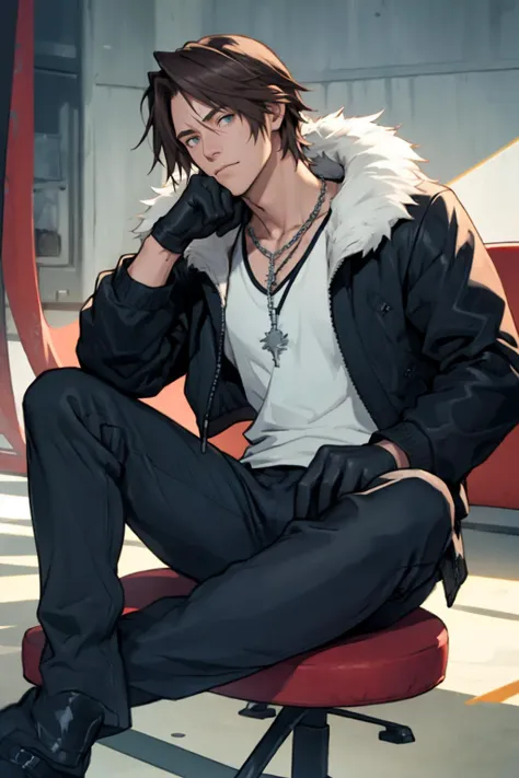 best quality, Mature male, Sitting down with legs crossed, <lora:squall-nvwls-v1:.95> squall, scar, necklace, black jacket, fur trim, white t-shirt, black pants, black gloves