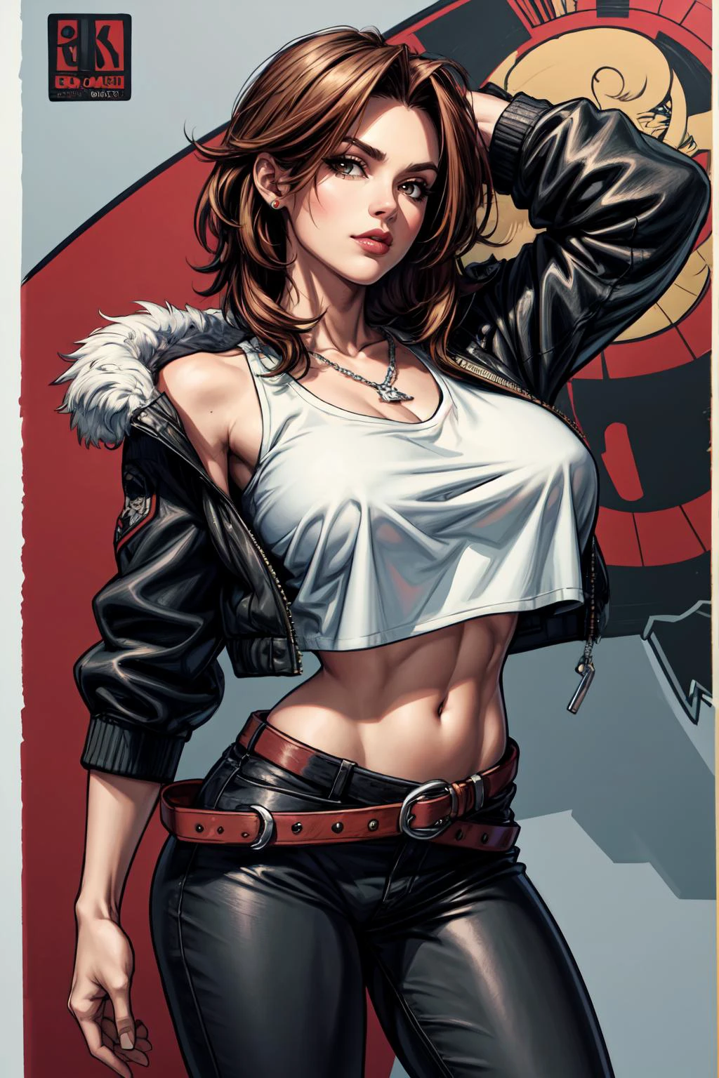 (masterpiece, 8k, 4k, extremely detailed, dynamic shading, best quality, strong lineart, comic anime style, absurdres:1.4) nice hands, perfect hands, mature, milf, sexy, (huge tits:1.3) <lora:more_details:1> <lora:squall-nvwls-v1:0.8> squall, scar, necklace, cropped black jacket with white fur trim, (cropped white t-shirt:1.3), midriff, open jacket, black leather pants, (multiple belts:1), (shoulder length hair), high thong strings,