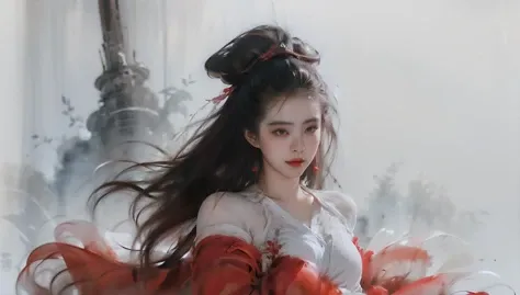 <lora:niexiaoqian-v2-000008:0.8>,A Chinese Ghost Story,
(wangzuxian:1.1),(niexiaoqian:1.2),qiannvyouhun,1girl,solo,black hair,long hair,chignon,mole,realistic,robe,jewelry,lips,earrings,hair bun,chinese clothes,hanfu,the protagonist is on the right side of the screen,lens_flare,looking_up,<lora:Freehand_Brushwork:0.4>,beautiful detailed eyes,Ancient Chinese clothes,
Ancient background,Calligraphy background,very long hair,(sheer curtain:1.3),gauze curtain,strap lift,tears,eyes visible through hair,wallpaper,huge filesize,<lora:chinese-art:0.3>,chinese painting,chinese art,upper_body,bust,medium_shot,
niexiaoqian,(red robe:1.5),long hair,fairy,realistic,chinese clothes,hanfu,hair bun,, best quality , masterpiece, illustration, an extremely delicate and beautiful, extremely detailed ,CG,unity,8k wallpaper, Amazing, finely detail, masterpiece, best quality,official art,extremely detailed CG unity 8k wallpaper,absurdres, incredibly absurdres, huge filesize , ultra-detailed, highres, extremely detailed,beautiful detailed girl, extremely detailed eyes and face, beautiful detailed eyes,light on face,