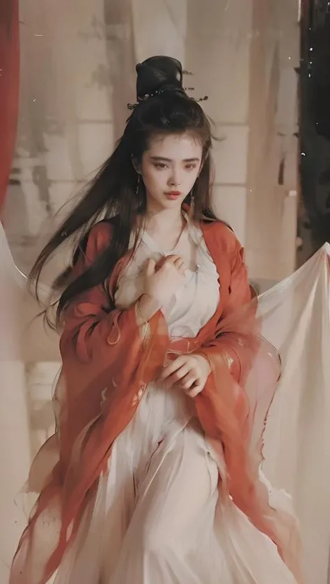 <lora:niexiaoqian-v1:0.9>,A Chinese Ghost Story,
(wangzuxian:1.1),(niexiaoqian:1.2),qiannvyouhun,1girl,solo,black hair,long hair,chignon,mole,realistic,robe,jewelry,lips,earrings,hair bun,chinese clothes,hanfu,the protagonist is on the right side of the screen,lens_flare,<lora:Freehand_Brushwork:0.4>,beautiful detailed eyes,Ancient Chinese clothes,
Ancient background,Calligraphy background,very long hair,(sheer curtain:1.3),gauze curtain,strap lift,tears,eyes visible through hair,wallpaper,huge filesize,<lora:chinese-art:0.3>,chinese painting,chinese art,
niexiaoqian,(red robe:1.5),long hair,fairy,realistic,chinese clothes,hanfu,hair bun,portrait,looking_down,<lora:niexiaoqian-v2-000005:0.4>,, best quality , masterpiece, illustration, an extremely delicate and beautiful, extremely detailed ,CG,unity,8k wallpaper, Amazing, finely detail, masterpiece, best quality,official art,extremely detailed CG unity 8k wallpaper,absurdres, incredibly absurdres, huge filesize , ultra-detailed, highres, extremely detailed,beautiful detailed girl, extremely detailed eyes and face, beautiful detailed eyes,light on face,