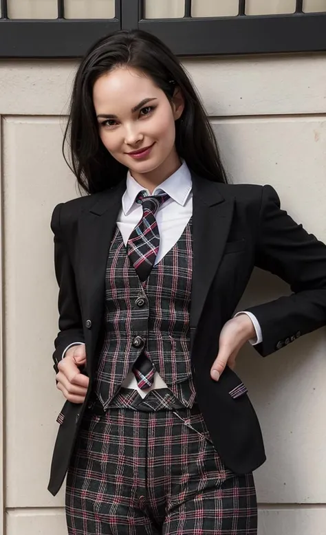 embedding:diana-fg-step00001200 wearing long chequered trousers, a waistcoat and black suit jacket with a tie, elegant, face