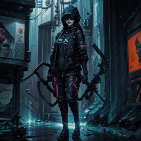 best quality, hdr, realistic, masterpiece, high resolution, hyperdetailed, perfect details, concept art, cinematic, sci-fi art, (cyberpunk:1.1), city, (neon light:1.3), neon billboards, starry sky, nebula, zombie people in the background, 1girl, (zombie woman:1.3), long black hair, dressed in a bright (oversized acid green hoodie:1.3), techwear jacket, black gloves, tactical vest, with buckle and tape, black hi-tech pants, (hood on head:1.3), laser machine gun in hand, make-up , black eyeliner, big lips, black lipstick, skinny body, skinny legs, flat chest, woman surrounded by black cats with red eyes <lora:add_detail:1.0>, <lora:epi_noiseoffset2:1.0>, <lora:urbansamuraiv3testing:0.8>