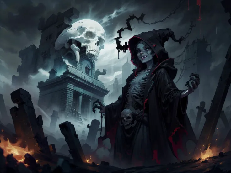 (best quality:1.1), hdr, realistic, masterpiece, high resolution, hyperdetailed, perfect details, concept art, cinematic, dark, horror, gothic, night, starry sky, fog, ruined building, old hut, (1girl, a beautiful witch woman, a necromancer woman:1.3), NecromancyAI, evil grin, fangs from the mouth, pale skin, black liquid from the mouth and eyes, big eyes, completely black eyes, crazy smile, hood on the head, long tattered dress, unnatural posture , long claws on the fingers, black hands, black charred legs, holds a red apple in the hands, skinny body, small chest, around the bone and skull, spiderweb <lora:add_detail:1.0>,  <lora:epi_noiseoffset2:1.0>, <lora:NecromancyAI:0.9>, Style-Necromancy