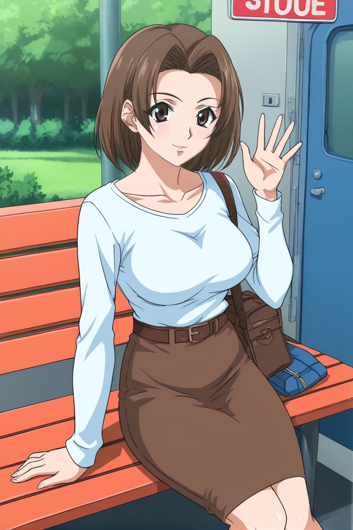 Anime girl sitting on a bench with her hand up - SeaArt AI