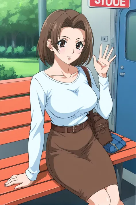 best quality,masterpiece,looking at viewer,absurdres,1girl,score_9,score_8_up,score_7_up,source_anime BREAK 1girl,:d,bag,belt,breasts,brown belt,brown skirt,bus,bus stop,collarbone,day,earrings,flower earrings,jewelry,mismatched earrings,motor vehicle,on bench,outdoors,pencil skirt,petal earrings,road,shirt,shirt tucked in,shoulder bag,sitting,skirt,sleeves past elbows,smile,street,tree,waving,white shirt,,<lora:020-天ä¸å¤©ä¸-é´»ãæ± åç§XLV1:0.8>,kounoike chiaki,brown hair,brown eyes,breasts,