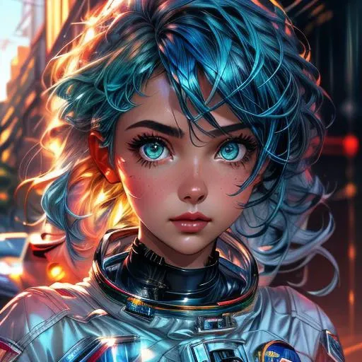 parameters: woman, blonde and blue hair, green eyes, wearing an astronaut suit, top quality, cinematic lighting, dramatic shadowing, perfectly detailed, perfect face , perfect eyes, car in the background, Classic headshot, big boobs ,<lora:Colorful portraits_20230715165729:1>, <lora:more_details:1>, hyper-realistic