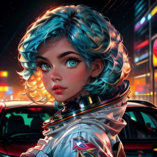 parameters: woman, blonde and blue hair, green eyes, wearing an astronaut suit, top quality, cinematic lighting, dramatic shadowing, perfectly detailed, perfect face , perfect eyes, car in the background, Classic headshot, big boobs ,<lora:Colorful portraits_20230715165729:1>, <lora:more_details:1>, hyper-realistic