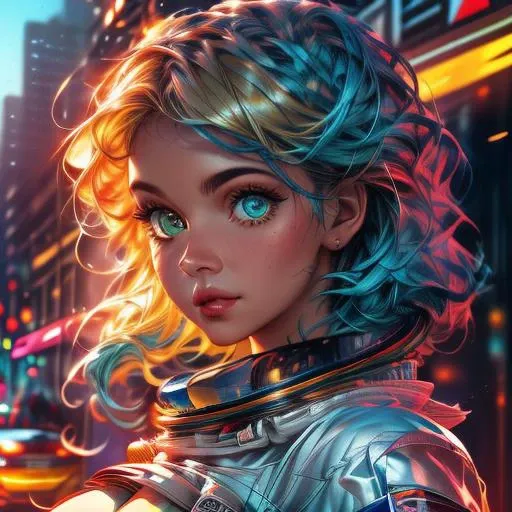 parameters: woman, blonde and blue hair, green eyes, wearing an astronaut suit, top quality, cinematic lighting, dramatic shadowing, perfectly detailed, perfect face , perfect eyes, car in the background, Classic headshot, big boobs ,<lora:Colorful portraits_20230715165729:1>, <lora:more_details:1>, hyper-realistic
