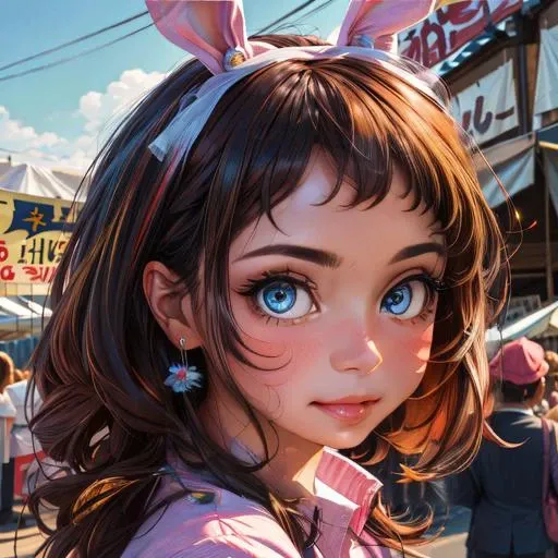 woman posing for a photo, cinematic shot, top quality, wearing bunny suit, cute face, perfect face, high-res, top quality, wonderful, 4k , best quality, market in the background <lora:uraraka_ochako_v12:1>, perfect eyes, perfect face, <lora:add_detail:1>, <lora:Colorful portraits_20230715165729:0.5>