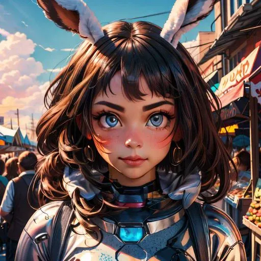 woman posing for a photo, cinematic shot, top quality, wearing bunny suit, cute face, perfect face, high-res, top quality, wonderful, 4k , best quality, market in the background <lora:uraraka_ochako_v12:1>, perfect eyes, perfect face, <lora:add_detail:1>, <lora:Colorful portraits_20230715165729:0.5>