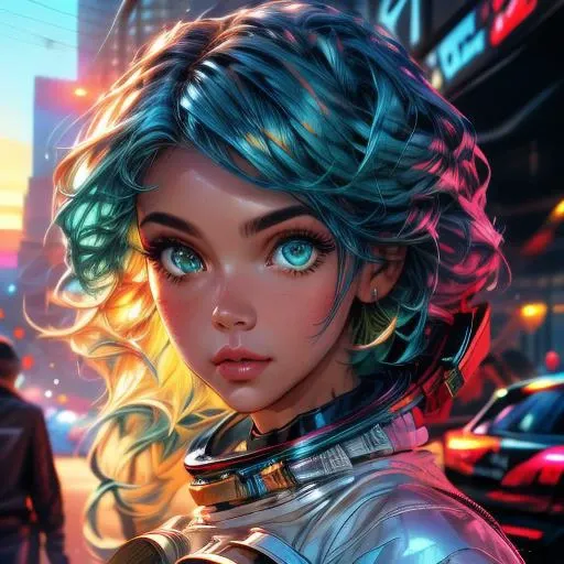 parameters: woman, blonde and blue hair, green eyes, wearing an astronaut suit, top quality, cinematic lighting, dramatic shadowing, perfectly detailed, perfect face , perfect eyes, car in the background, Classic headshot, big boobs ,<lora:Colorful portraits_20230715165729:1>, <lora:more_details:1>, hyper-realistic