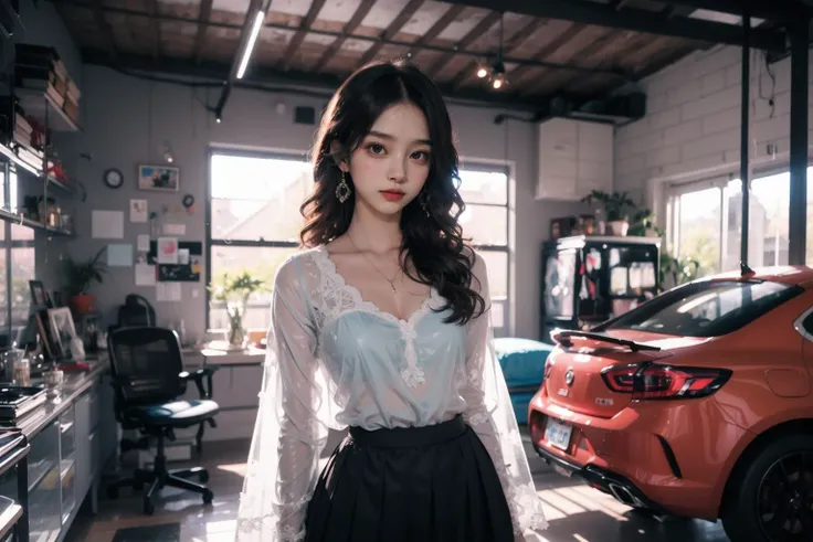 1girl,Pleated skirt, see-through,cowboy shot,
garage,
Haze, Depth of Field, Fantasy,
<lora:Colorful portraits_20230715165729:0.8>
(masterpiece:1.2), best quality,PIXIV,Colorful portraits, multicolored,
