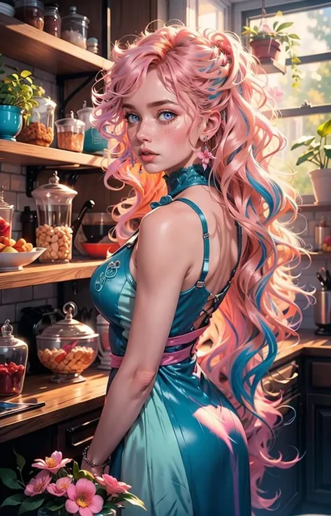 (Masterpiece: 1.2), Best Quality, PIXIV, Color Portrait,
1girl, solo, long hair, overhead shot, jewelry, earrings, indoors, bangs, dress, blush, plant, multicolored hair, upper body, shelf, pink eyes, window, potted plant, flower, shut up, from Side view, wavy hair, bare shoulders, sleeveless, pink hair, kitchen, breasts, blue dress
<lora:EnvyBeautyMix21:0.5> <lora:Colorful portraits_20230715165729:0.7>