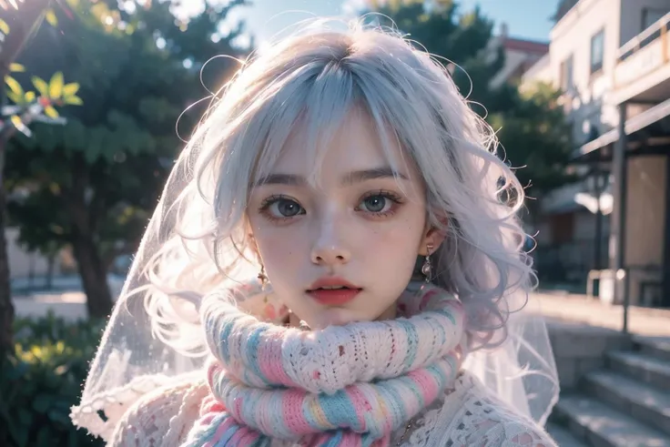 1girl,Cowl-neck sweater,blue eyes, veil, bow, white hair, blush, see-through,upper body,
<lora:Colorful portraits_20230715165729:0.8>
(masterpiece:1.2), best quality,PIXIV,Colorful portraits, multicolored,