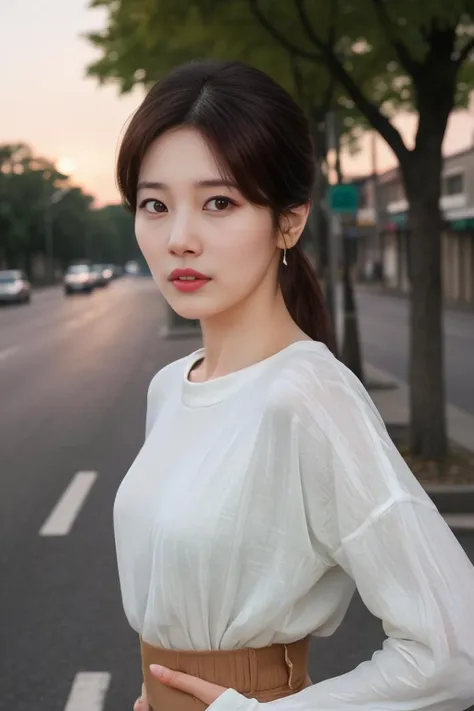 suzy1 a woman, (realistic), (hyperrealism), (photorealistic), depth of field, adult, (upper body:1.2), (narrow waist), eye makeup, looking at the viewer, posing for a photo, longsleeves, golden hour, sunset, at the street, trees, <lora:httpsuzy:1:lbw=FACES>