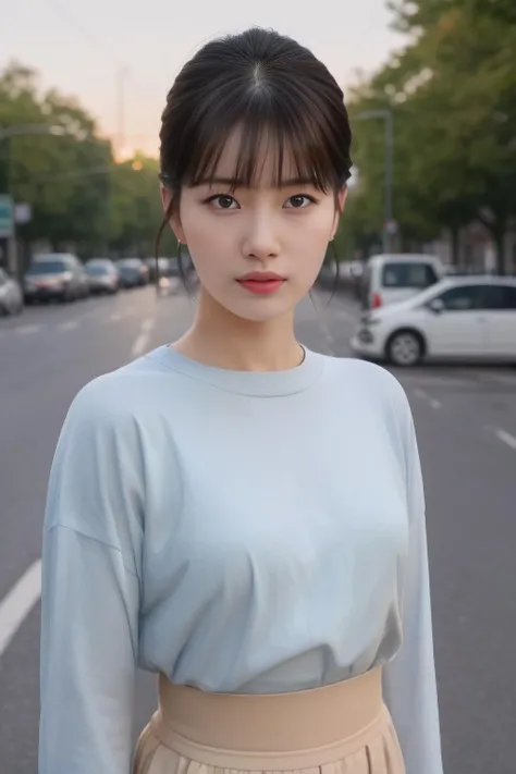 suzy1 a woman, (realistic), (hyperrealism), (photorealistic), depth of field, adult, (upper body:1.2), (narrow waist), eye makeup, looking at the viewer, posing for a photo, longsleeves, golden hour, sunset, at the street, trees, <lora:httpsuzy:1:lbw=FACES>