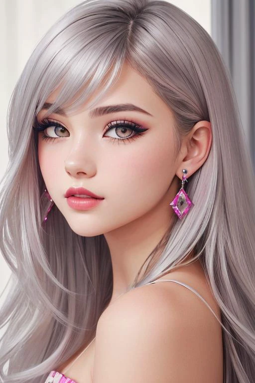 beautiful girl, brown_eyes, ((beautiful slim age girl 18 year old, hair color [Gray hair], [modern shag] hair)), earrings, lips, realistic, narrow waist, charming, pink lipstick, colorful makeup, long eyelashes, earrings, wearing eyeliner, fair skin, (cute), (detailed face), detailed eyes, detailed iris