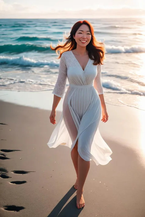 a woman enjoying a stroll along the seashore. detailed face, eyes, hair. laughter lines. sunlight reflecting on the ocean. volumetric light. reflection, refraction. (photographed at 35mm, f/16, ISO400. bokeh.)