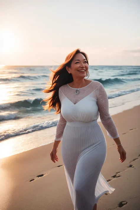 a woman enjoying a stroll along the seashore. detailed face, eyes, hair. laughter lines. sunlight reflecting on the ocean. volumetric light. reflection, refraction. (photographed at 35mm, f/16, ISO400. bokeh.)