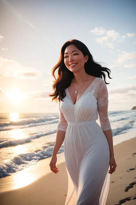 a woman enjoying a stroll along the seashore. detailed face, eyes, hair. laughter lines. sunlight reflecting on the ocean. volumetric light. reflection, refraction. (photographed at 35mm, f/16, ISO400. bokeh.)