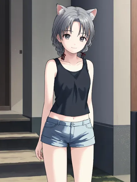 1girl,,,outdoor,camisole,navel,denim shorts,socks,small breasts,,standing