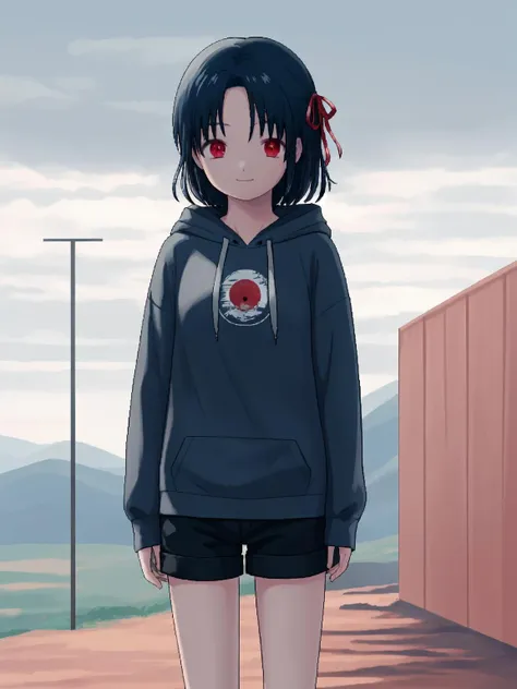 best quality, masterpiece,
narume36,narumeb18,
1girl,
two side up,
hair ribbon,
red ribbon,
red eyes,
very long hair,
black hoodie,
oversized clothes,
hood down,
black shorts,
bare legs,
slightly smile,closed mouth,
standing,
cowboy shot,
(holding:0.7)