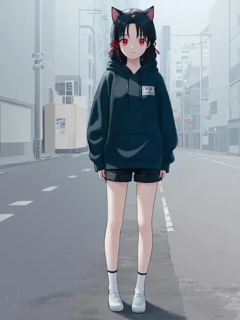 best quality, masterpiece,
narume36,narumeb18,
1girl,
two side up,
hair ribbon,
red ribbon,
red eyes,
very long hair,
black hoodie,
oversized clothes,
hood down,
black shorts,
bare legs,
slightly smile,closed mouth,
standing,
cowboy shot,
white socks,
white footwear,
cat ears,
standing,
full body,