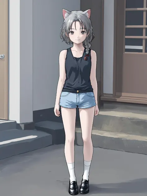 best quality, masterpiece,
narume36,narumeb18,
1girl,
braid,
(single braid),
hair ribbon,
red ribbon,
grey hair
black eyes,
tank top,
short shorts,
bare legs,
slightly smile,closed mouth,
((white)) socks,
black footwear,
standing,
cat ears,
arms behind back,
full body,