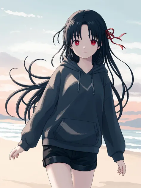 best quality, masterpiece,
narume36,narumeb18,
1girl,
two side up,
hair ribbon,
red ribbon,
red eyes,
very long hair,
black hoodie,
oversized clothes,
hood down,
black shorts,
bare legs,
slightly smile,closed mouth,
standing,
cowboy shot,
(holding:0.7)