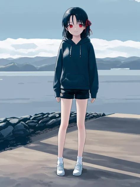 best quality, masterpiece,
narume36,narumeb18,
1girl,
two side up,
hair ribbon,
red ribbon,
red eyes,
very long hair,
black hoodie,
oversized clothes,
hood down,
black shorts,
bare legs,
white socks,
white footwear,
slightly smile,closed mouth,
standing,
full body,
