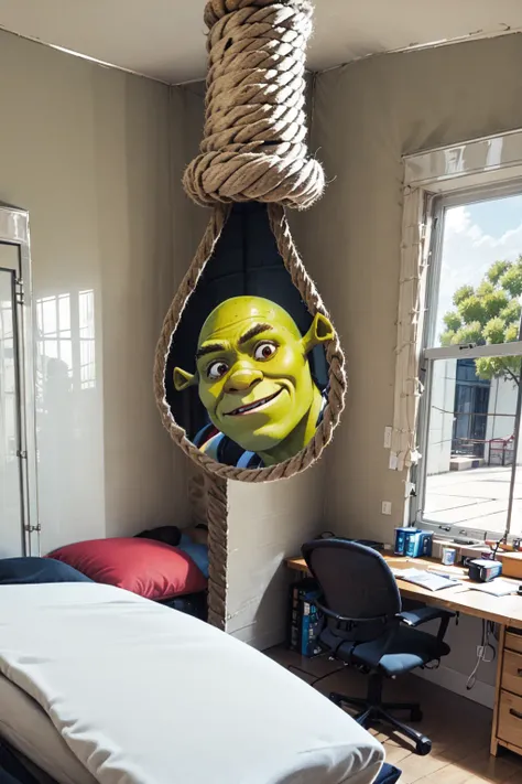 absurdres, highres, best quality, <lora:nooseportal:1> noose portal, <lora:shrekDiffusionLora_swamp10:1> shrk, facing viewer, bedroom,