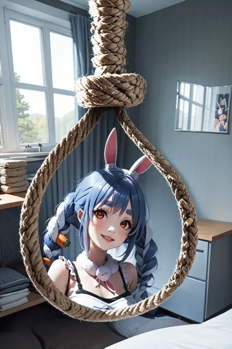 absurdres, highres, best quality, <lora:nooseportal-04:1> 1girl, noose portal, noose, <lora:usadaPekoraHololive9_v10:1> usada pekora, smile, bedroom, scenery,