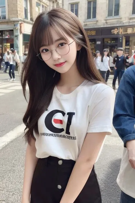 (extremely detailed CG unity 8k wallpaper), (masterpiece), (best quality), (ultra-detailed), (best illustration), (best shadow), (photorealistic:1.6), real human skin, lens flare, shade, backlighting, bloom, depth of field, natural lighting, hard focus, film grain, (a beautiful 18 age years old cute Korean girl:1.3),<lora:japaneseDollLikeness_v10:0.3>, <lora:minesfixAsianLikeness_v10:0.3>,
1girl, wear t shirt and pants, round glasses, pale skin, solo, brown eyes, black long hair, hair clips, small breasts:1.2, (happy face:1.3), shy, inside high street(crowd:1.2), standing, left hand place between legs