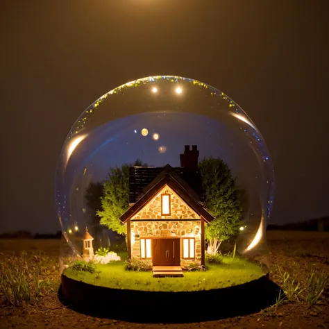 mini house, landscape, old fashion, nature, night light, a bubble, in the bubble, high detailed, masterpiece, best quality, <lora:Bubble_Sora:0.4>, (masterpiece,best quality:1.5)