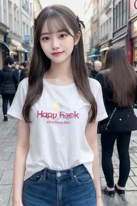 (extremely detailed CG unity 8k wallpaper), (masterpiece), (best quality), (ultra-detailed), (best illustration), (best shadow), (photorealistic:1.6), real human skin, lens flare, shade, backlighting, bloom, depth of field, natural lighting, hard focus, film grain, (a beautiful 18 age years old cute Korean girl:1.3),<lora:japaneseDollLikeness_v10:0.3>, <lora:minesfixAsianLikeness_v10:0.3>,
1girl, wear t shirt and pants, pale skin, solo, brown eyes, black long hair, hair clips, small breasts:1.2, (happy face:1.3), shy, inside high street(crowd:1.2), standing, left hand place between legs