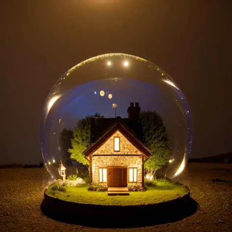 mini house, landscape, old fashion, nature, night light, a bubble, in the bubble, high detailed, masterpiece, best quality, <lora:Bubble_Sora:0.4>, (masterpiece,best quality:1.5)