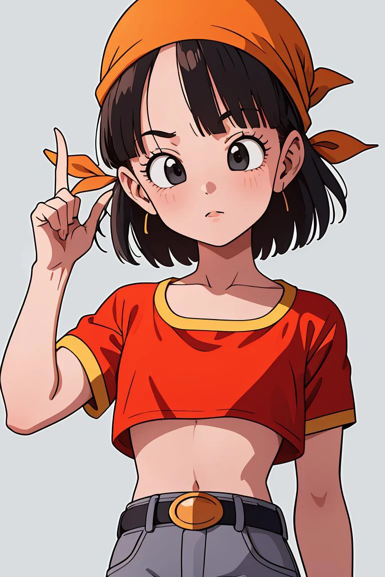 (masterpiece, best quality), 1girl, <lora:DBGT_Pan_v1:1> pan,1girl,solo,black eyes,bangs,black hair,short hair,bandana, red shirt,crop top,midriff,belt,gray pants,