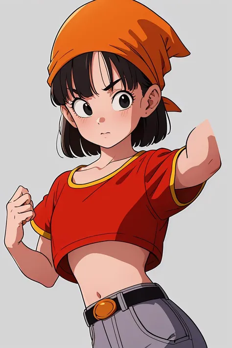 (masterpiece, best quality), 1girl, <lora:DBGT_Pan_v1:1> pan,1girl,solo,black eyes,bangs,black hair,short hair,bandana, red shirt,crop top,midriff,belt,gray pants,