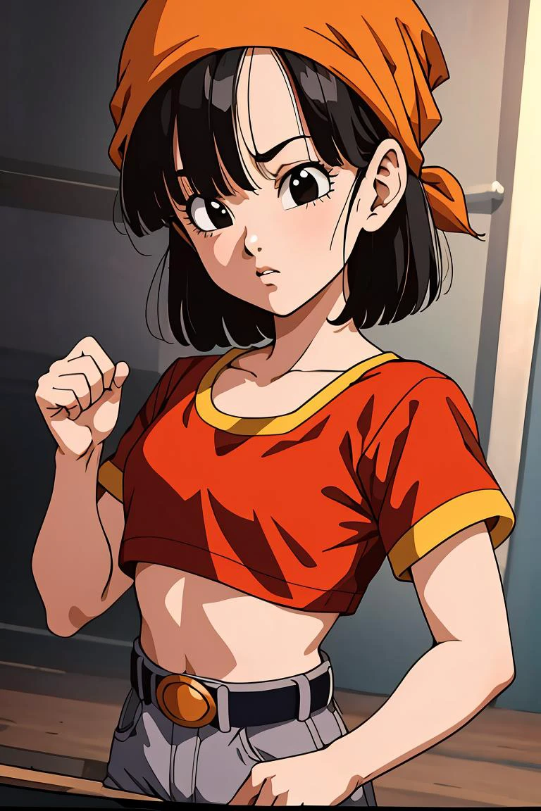 (masterpiece, best quality), 1girl, <lora:DBGT_Pan_v1:1> pan,1girl,solo,black eyes,bangs,black hair,short hair,bandana, red shirt,crop top,midriff,belt,gray pants,