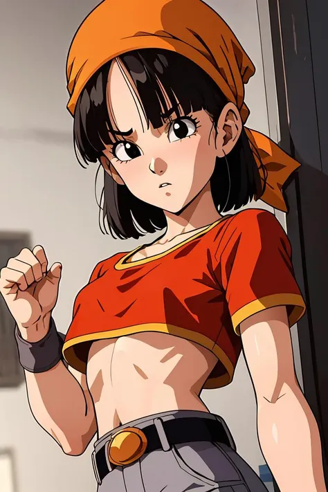 (masterpiece, best quality), 1girl,  <lora:DBGT_Pan_v1:1> pan,1girl,solo,black eyes,bangs,black hair,short hair,bandana, red shirt,crop top,midriff,belt,gray pants,