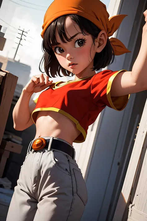 (masterpiece, best quality), 1girl,  <lora:DBGT_Pan_v1:1> pan,1girl,solo,black eyes,bangs,black hair,short hair,bandana, red shirt,crop top,midriff,belt,gray pants,