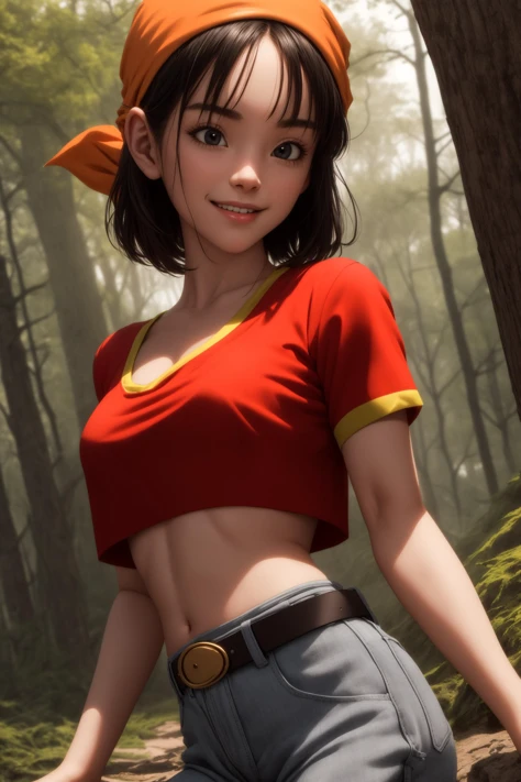 pan,1girl,solo,black eyes,bangs,black hair,short hair,bandana,
red shirt,red crop top,midriff,belt,gray pants,
smile,closed mouth,cowboy shot,
forest,outdoor,
(insanely detailed, beautiful detailed face, masterpiece, best quality) cinematic lighting,<lora:DBGT_Pan_v1:1>, <lora:more_details:0.3>,