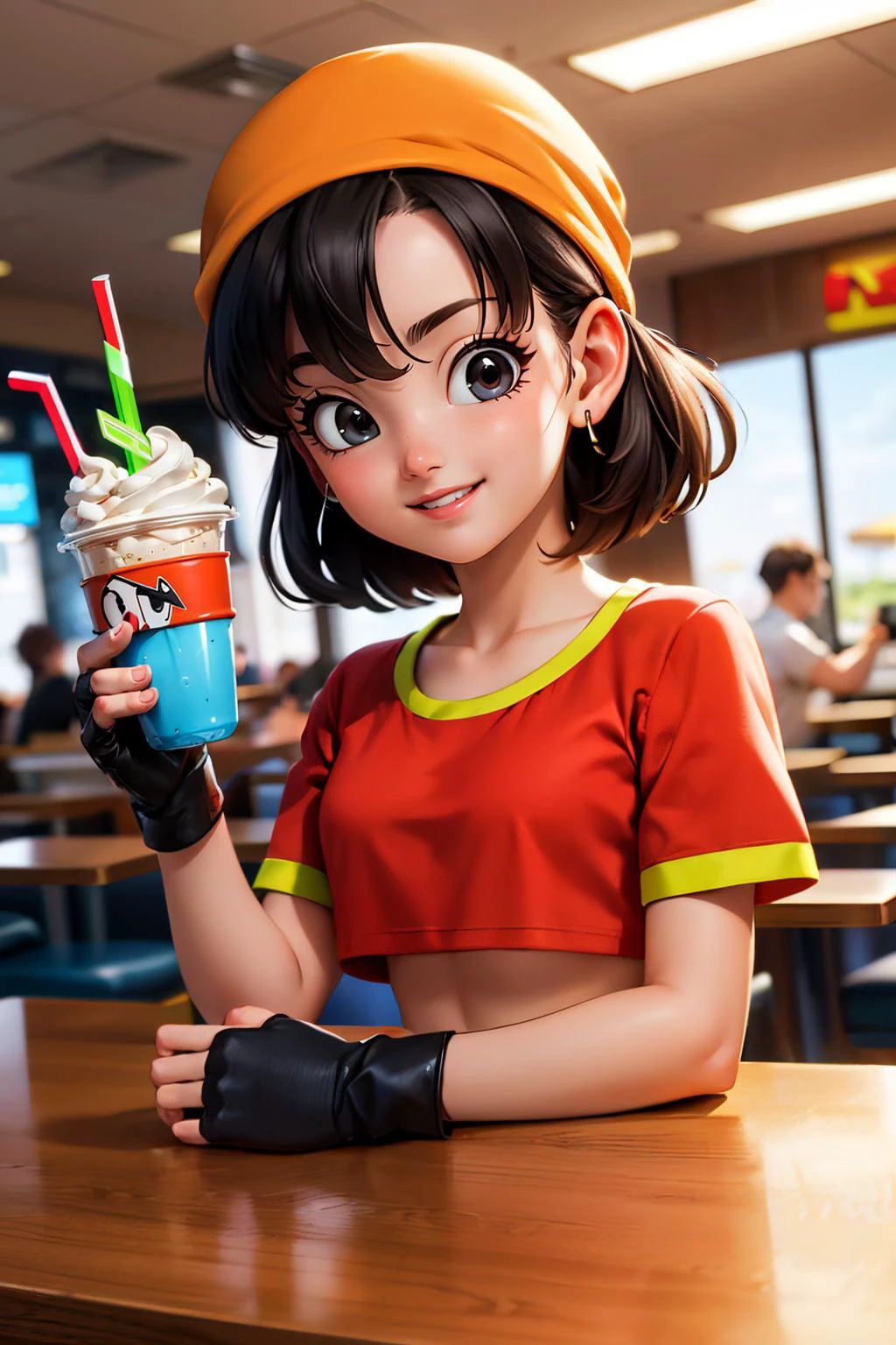 pan,black eyes,,short black hair,bangs,bandana, red shirt,midriff, fingerless gloves, looking at viewer, smiling, happy, teeth, upper body shot, sitting, behind a table, inside fast food restaurant, holding large frosted milkshake glass, neon lighting, high quality, masterpiece <lora:DBGT_Pan_v1:.9>