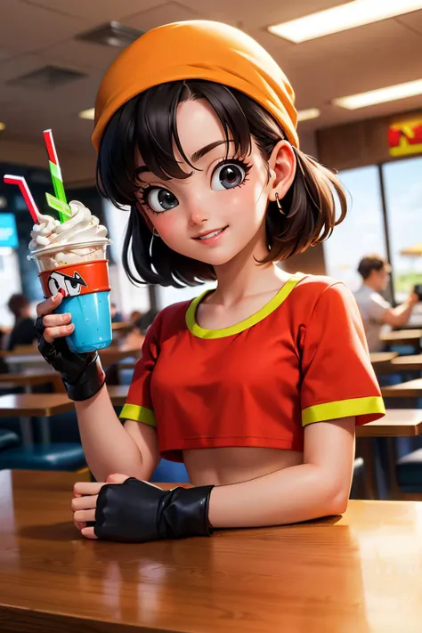 pan,black eyes,,short black hair,bangs,bandana, red shirt,midriff, fingerless gloves, looking at viewer, smiling, happy, teeth, upper body shot, sitting, behind a table, inside fast food restaurant, holding large frosted milkshake glass, neon lighting, high quality, masterpiece  <lora:DBGT_Pan_v1:.9>