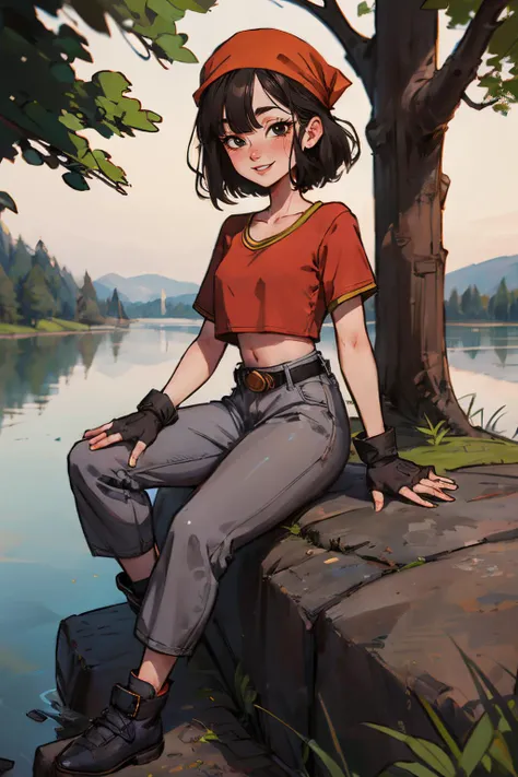 pan,black eyes,,short black hair,bangs,bandana, red shirt,midriff,belt,gray pants, fingerless gloves, looking at viewer, smiling, teeth, sitting, on large rock, outside, trees, lake, sunny, high quality, masterpiece <lora:DBGT_Pan_v1:.9> <lora:cowgirlposition:1>