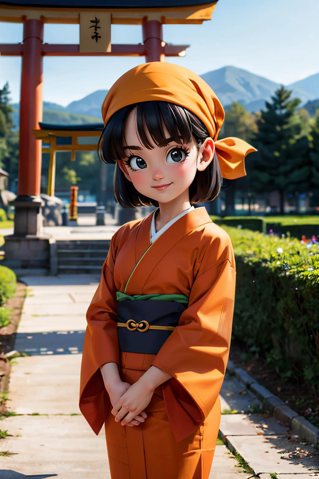 pan,black eyes,,short black hair,bangs,bandana, traditional kimono, sash, wide sleeves, looking at viewer, serious, smiling, standing, hands together, outside, garden, railing, red torii, pond, trees, dusk, mountain, high quality, masterpiece <lora:DBGT_Pan_v1:.9>