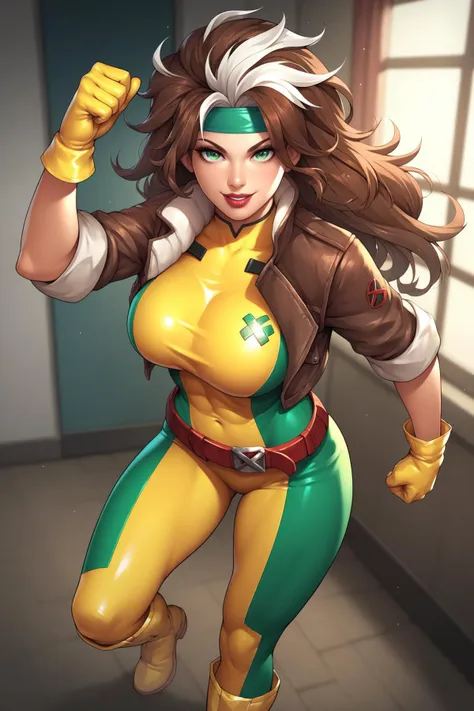 score_9, score_8_up, score_7_up, score_6_up, score_5_up, score_4_up, RogueXMXL, green eyes, lipstick, brown hair, two-tone hair, long hair, messy hair, headband, big breasts, cropped jacket, brown jacket, yellow bodysuit, gloves, belt, boots, standing, dynamic pose, seductive smile, looking at viewer, indoors <lora:RogueXMXL:0.7>