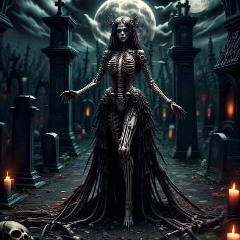 masterpiece,best quality,absurdres,high details,8K,photorealistic,at distance,cowboy shot,1girl,amaizing body,long hair,makeup,outstretched arms,full body front photo,symmetrical pose,necromancer,bones ornament,(graveyard:1.4),skeletons come out of the ground,<lora:Concept_-_More_Details_v1.0:1>,<lora:EvilM:0.3>,creature,ancient,dark,evil,<lora:Concept_-_Hella-sthetic_v2:0.3>,full moon,<lora:Clothes_-_Bone_Dress_v1:0.7>,dgBones,dress made of bones,, intricate, elegant, highly detailed, symmetry, magical atmosphere, sharp focus, majestic, very coherent, radiant, advanced, cinematic, artistic, fine detail, winning, beautiful, stunning, dramatic light, designed, rich deep colors, perfect professional background, ambient, tailored set composition