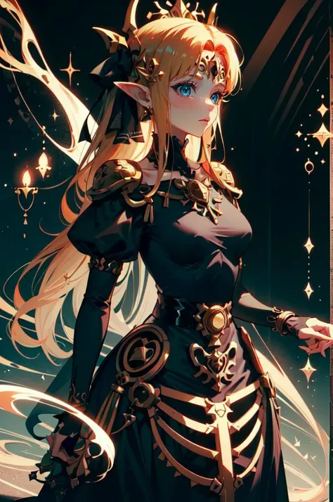 <lora:edgBonesv1:1> edgBones, wearing edgBones, dress with skeleton bones, dress with skeletal bones, bones, triforce, straight-on,  <lora:zelda-albw:0.8>  zelda-albw, princess zelda, blue eyes, blonde hair, hair ribbon, the legend of zelda, nintendo, pink dress,, ultra detailed, masterpiece, best quality, aesthetic, detailed,