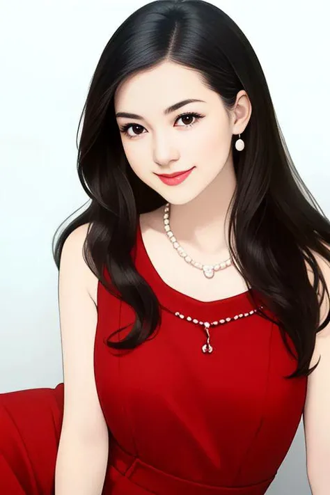 1girl, solo,
sitting, upper body,
curvy woman with long black hair,
milf,chubby face,
smile,charming,
pearl necklace,
(red dress:1.1),
white background,simple background,
(realistic:1.1),
masterpiece, best quality, absurdres,
<lora:20240516-1715838535470:0.8>,
